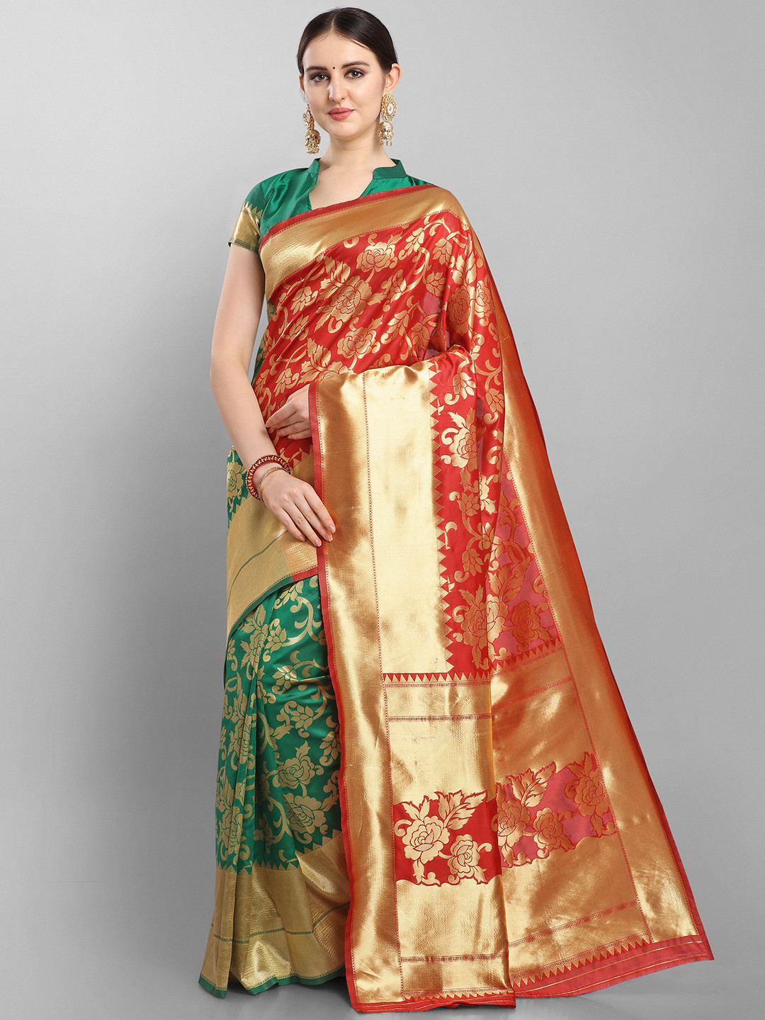 

KALINI Red & Green Floral Zari Silk Blend Banarasi Saree