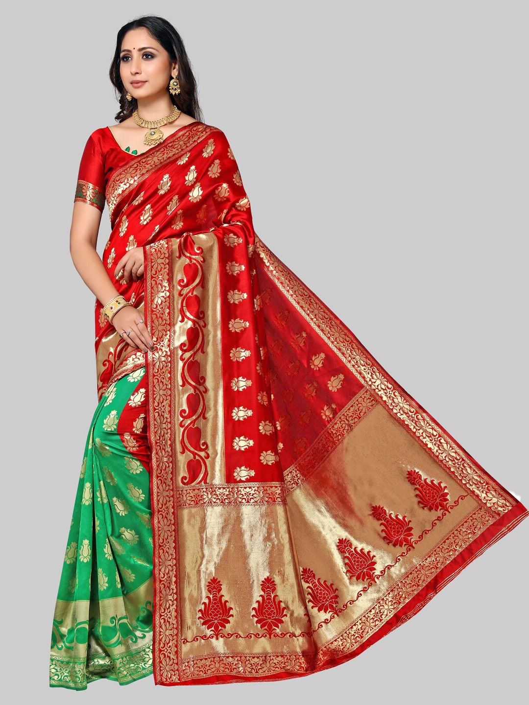 

KALINI Red & Green Ethnic Motifs Zari Silk Blend Banarasi Saree