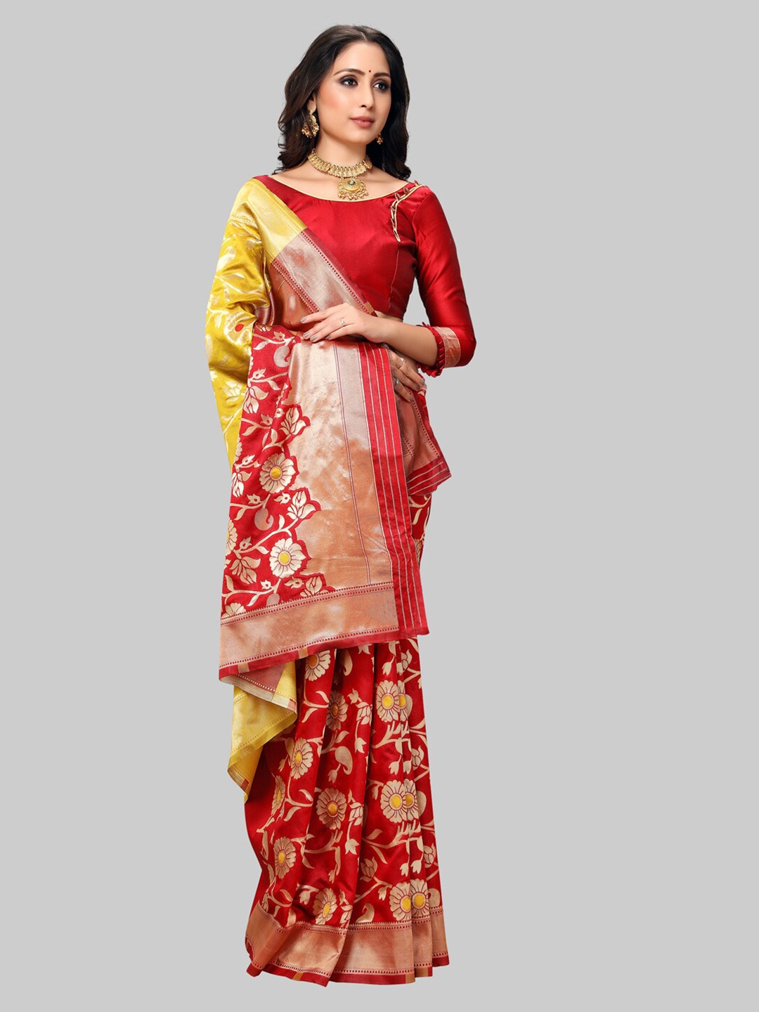 

KALINI Mustard & Red Floral Zari Silk Blend Banarasi Saree