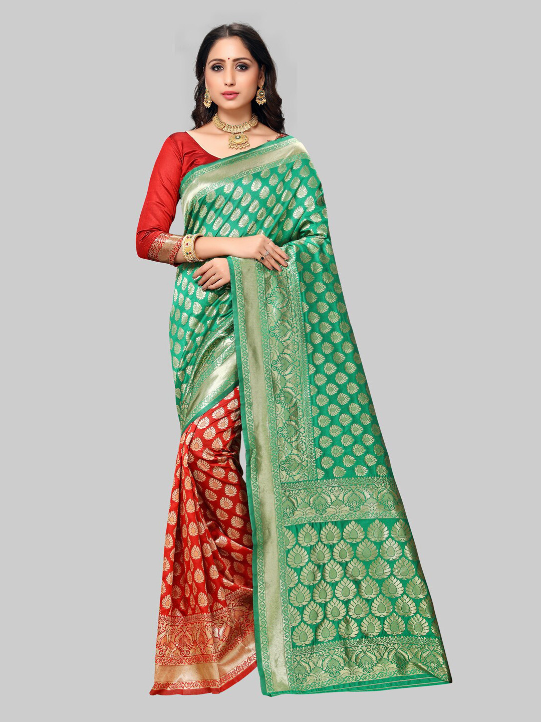 

KALINI Green & Red Ethnic Motifs Zari Silk Blend Banarasi Saree