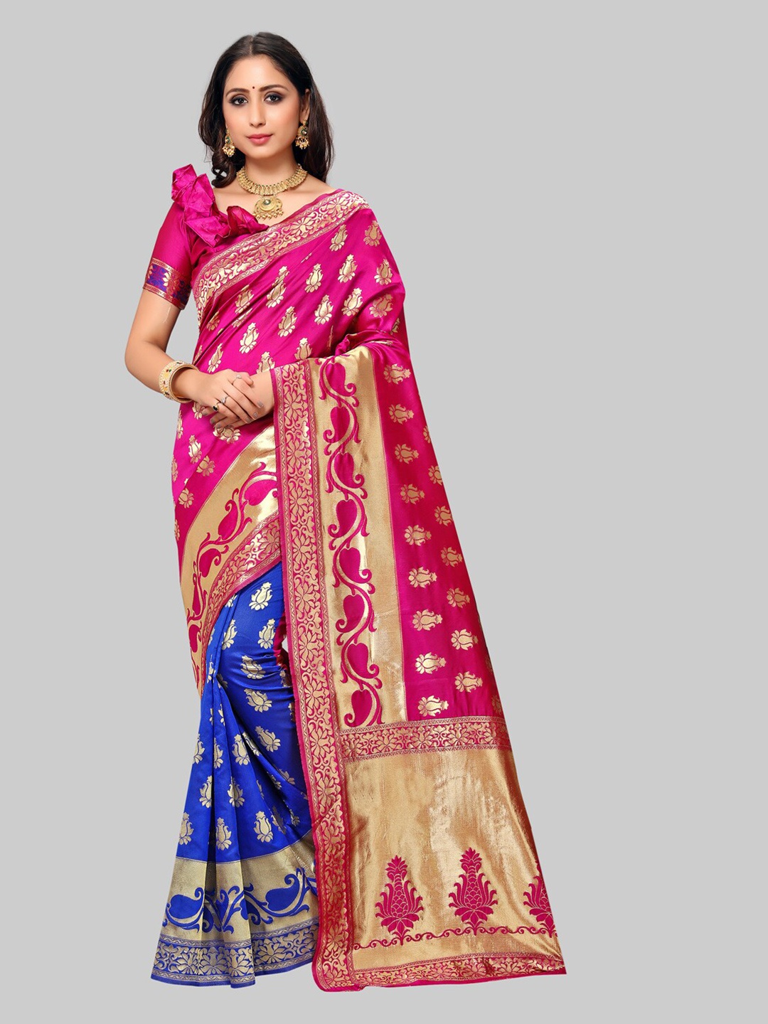 

KALINI Pink & Blue Ethnic Motifs Zari Silk Blend Banarasi Saree