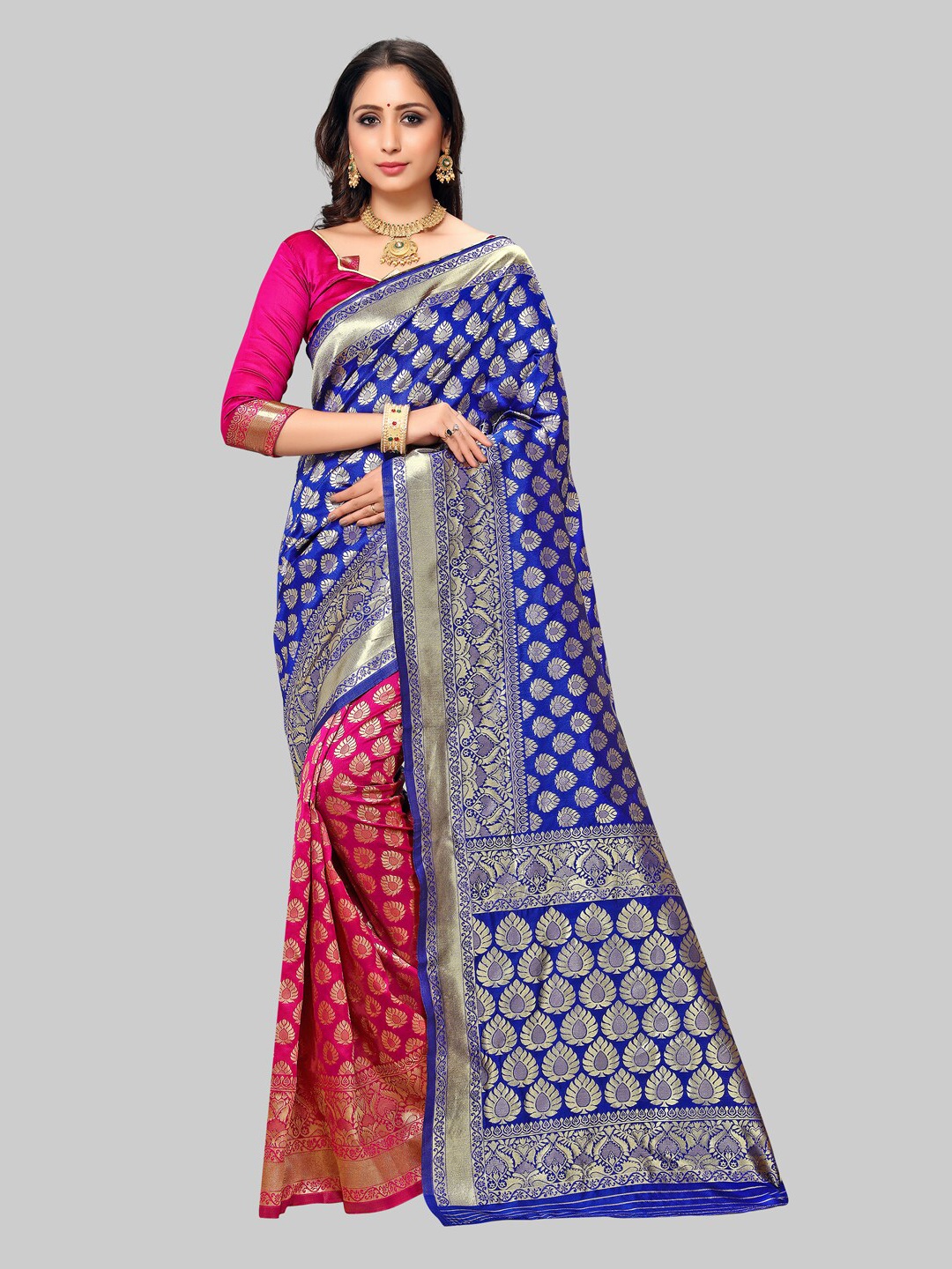 

KALINI Blue & Pink Ethnic Motifs Zari Banarasi Saree