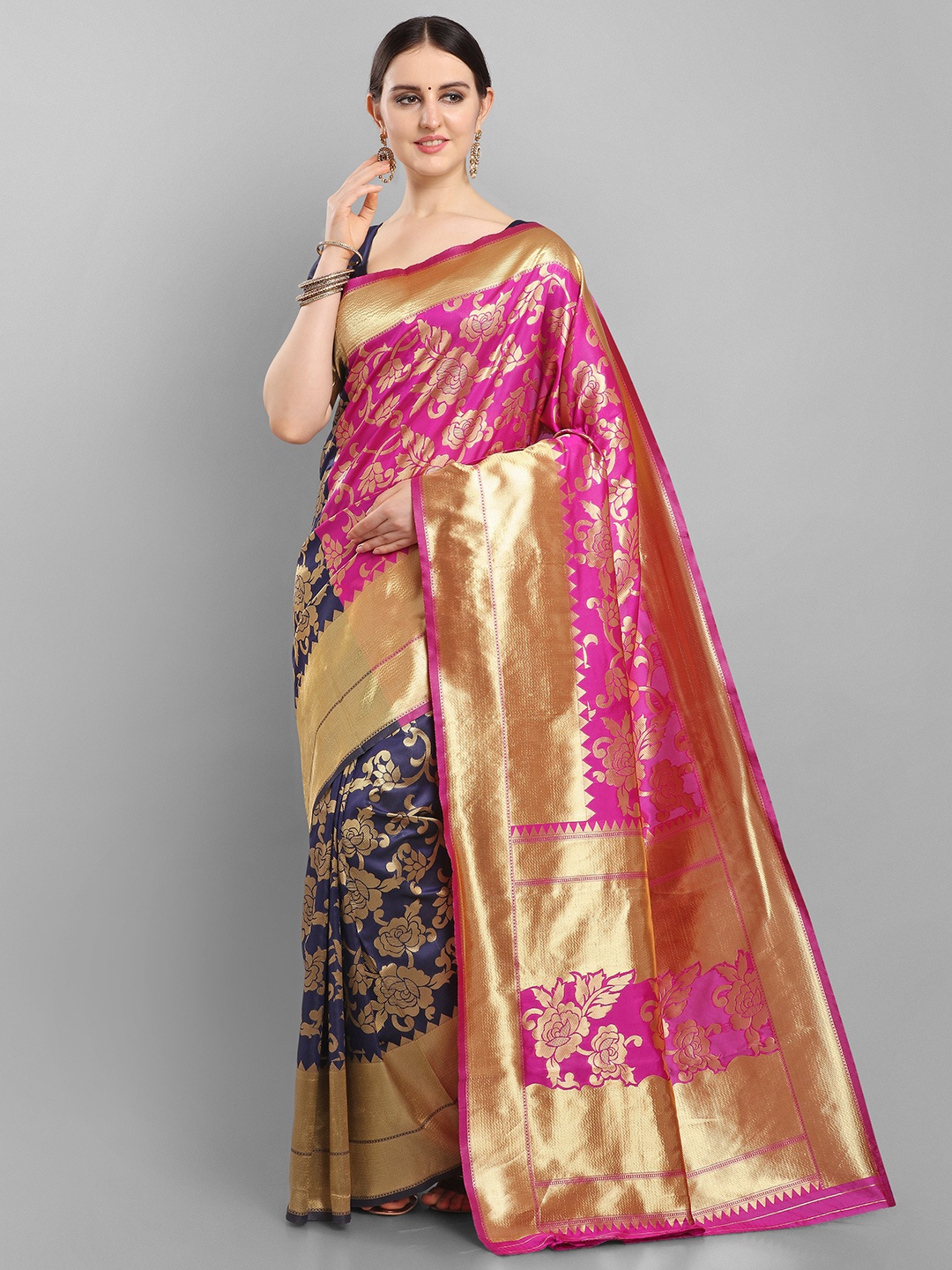 

KALINI Navy Blue & Pink Floral Zari Silk Blend Banarasi Saree