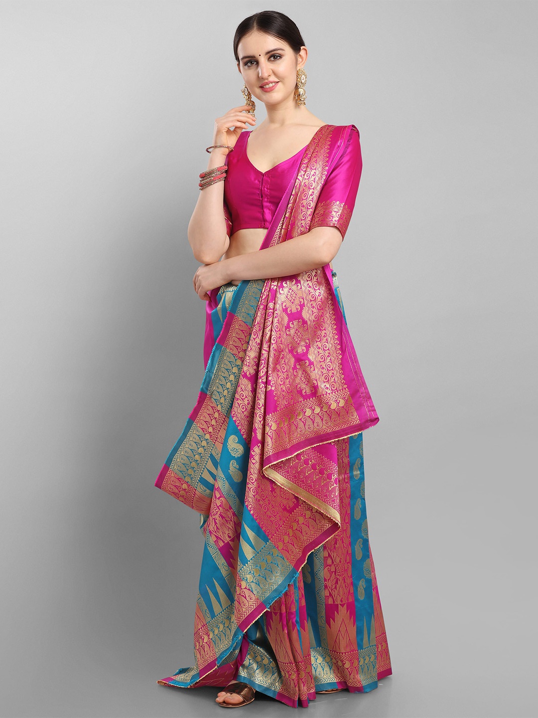 

KALINI Blue & Pink Ethnic Motifs Zari Silk Blend Banarasi Saree