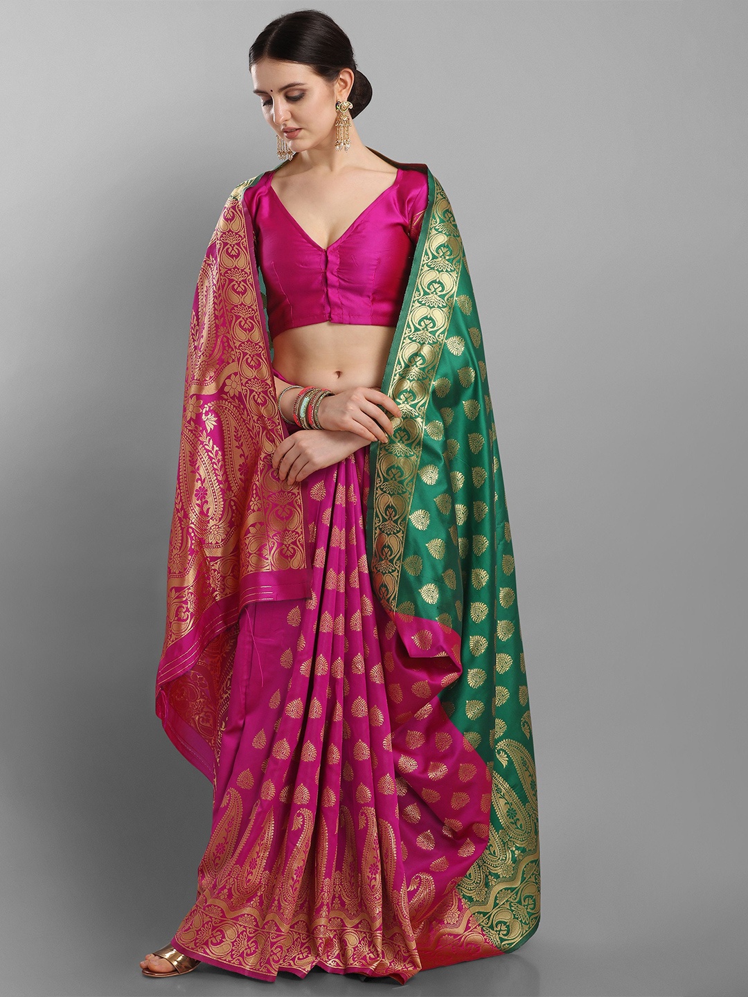 

KALINI Green & Pink Ethnic Motifs Zari Silk Blend Banarasi Saree