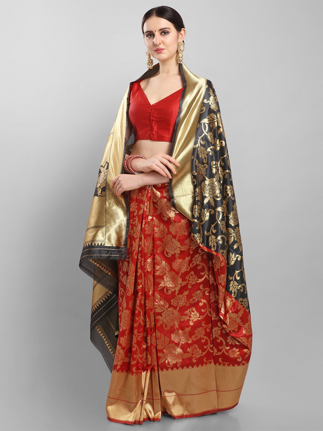 

KALINI Red & Black Ethnic Motifs Zari Silk Blend Banarasi Saree