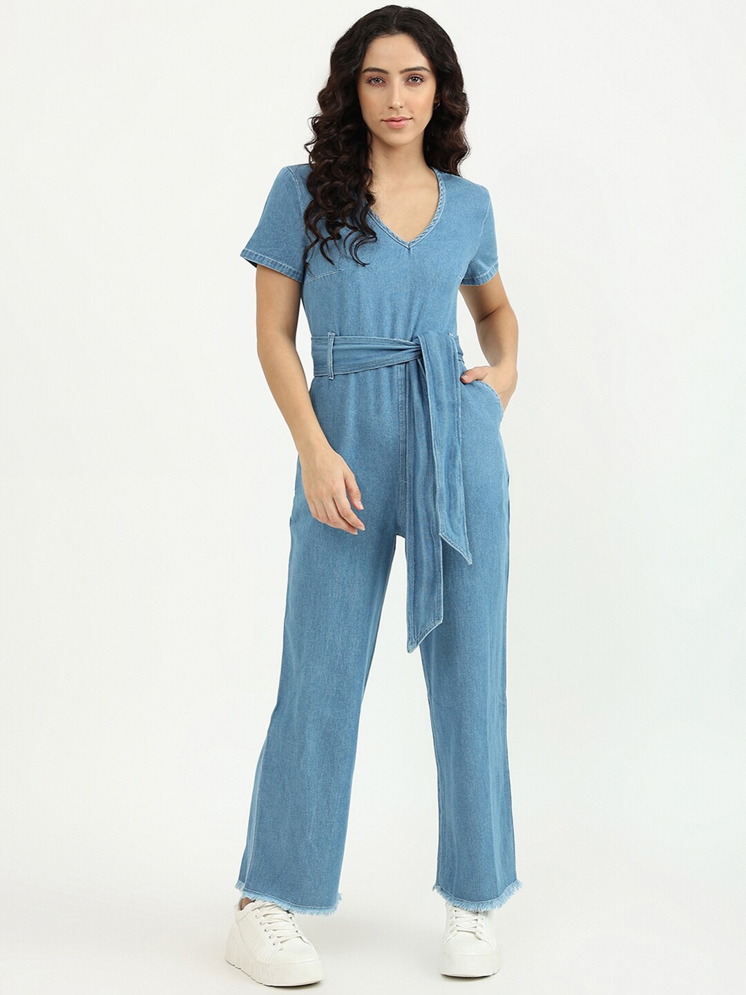 

United Colors of Benetton Women Blue Solid Denim Basic Jumpsuit