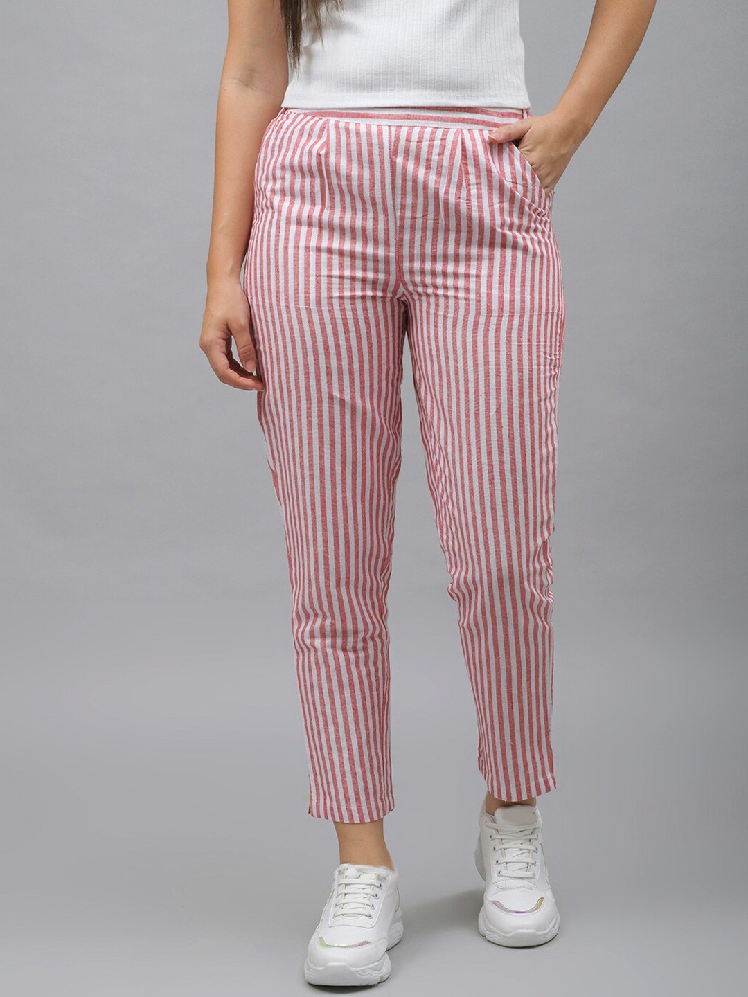 

Me Craft Women Red Striped Easy Wash Trousers