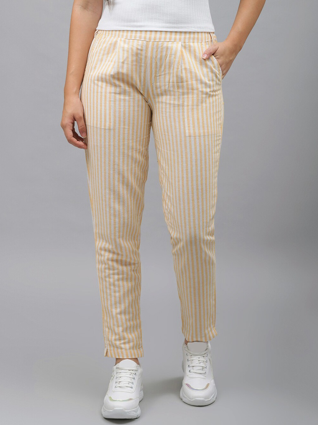 

Me Craft Women Orange Striped Easy Wash Trousers