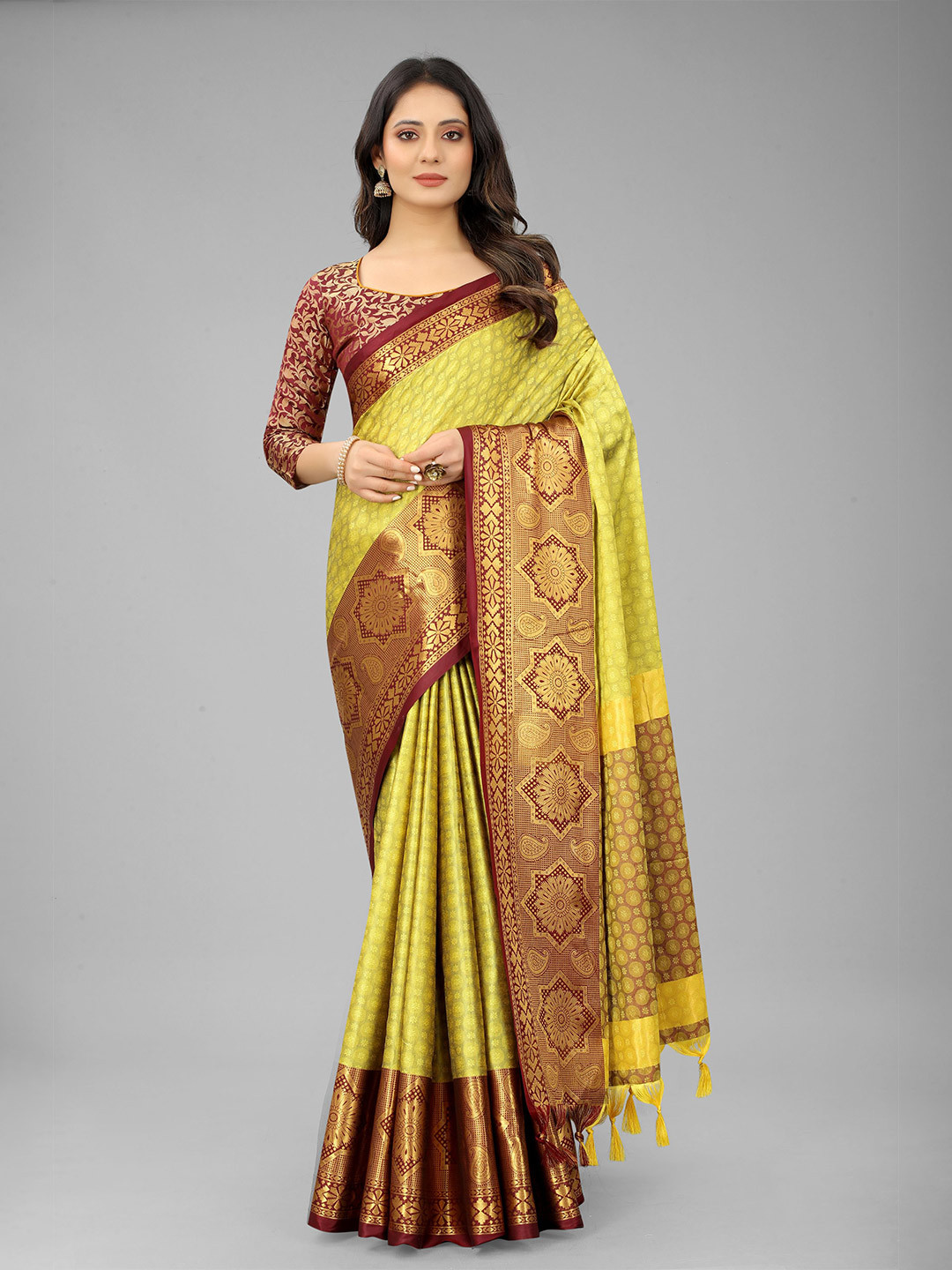 

WILORI Women Yellow & Maroon Ethnic Motifs Zari Silk Cotton Mysore Silk Saree