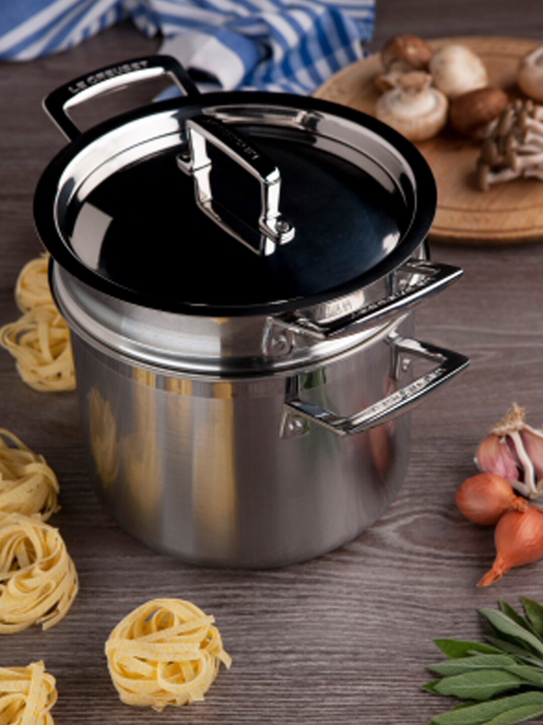 

LE CREUSET Steel-Toned Induction Base 3-Ply Stainless Steel Pasta Pot