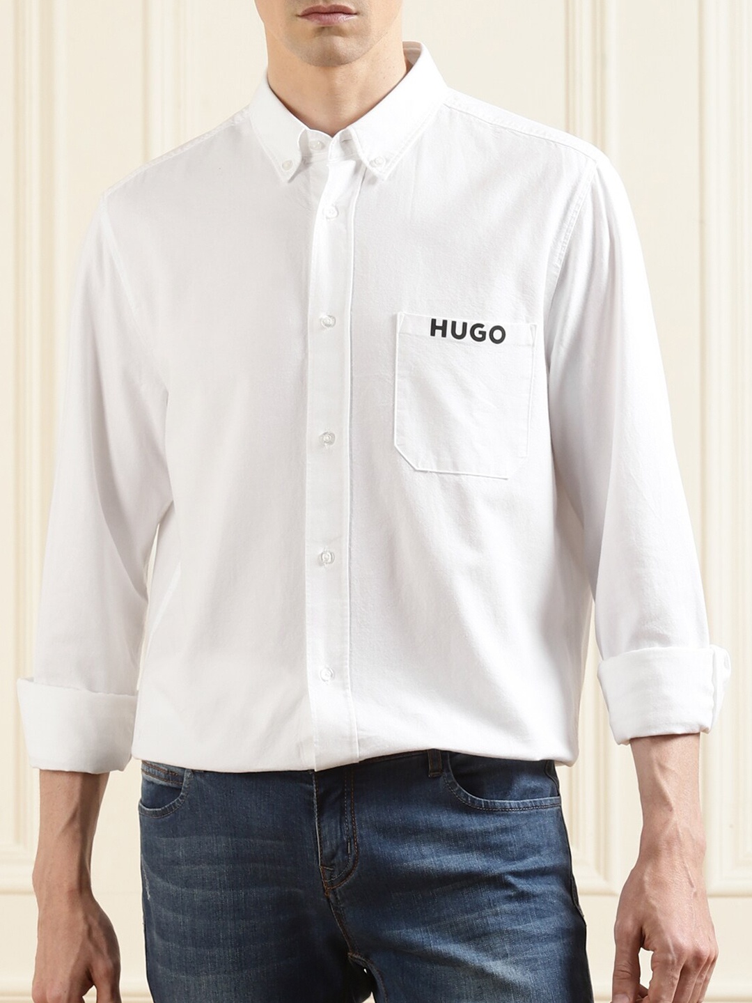 

HUGO Men White Solid Casual Oxford Shirt