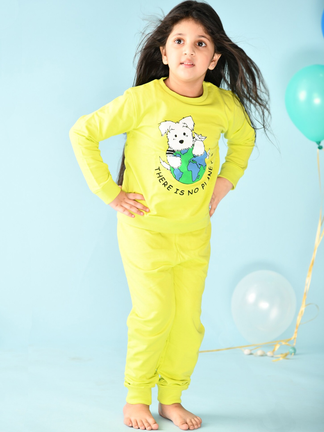 

Anthrilo Girls Lime Green & Blue Planet B Fleece Sweatshirt Jogger Set