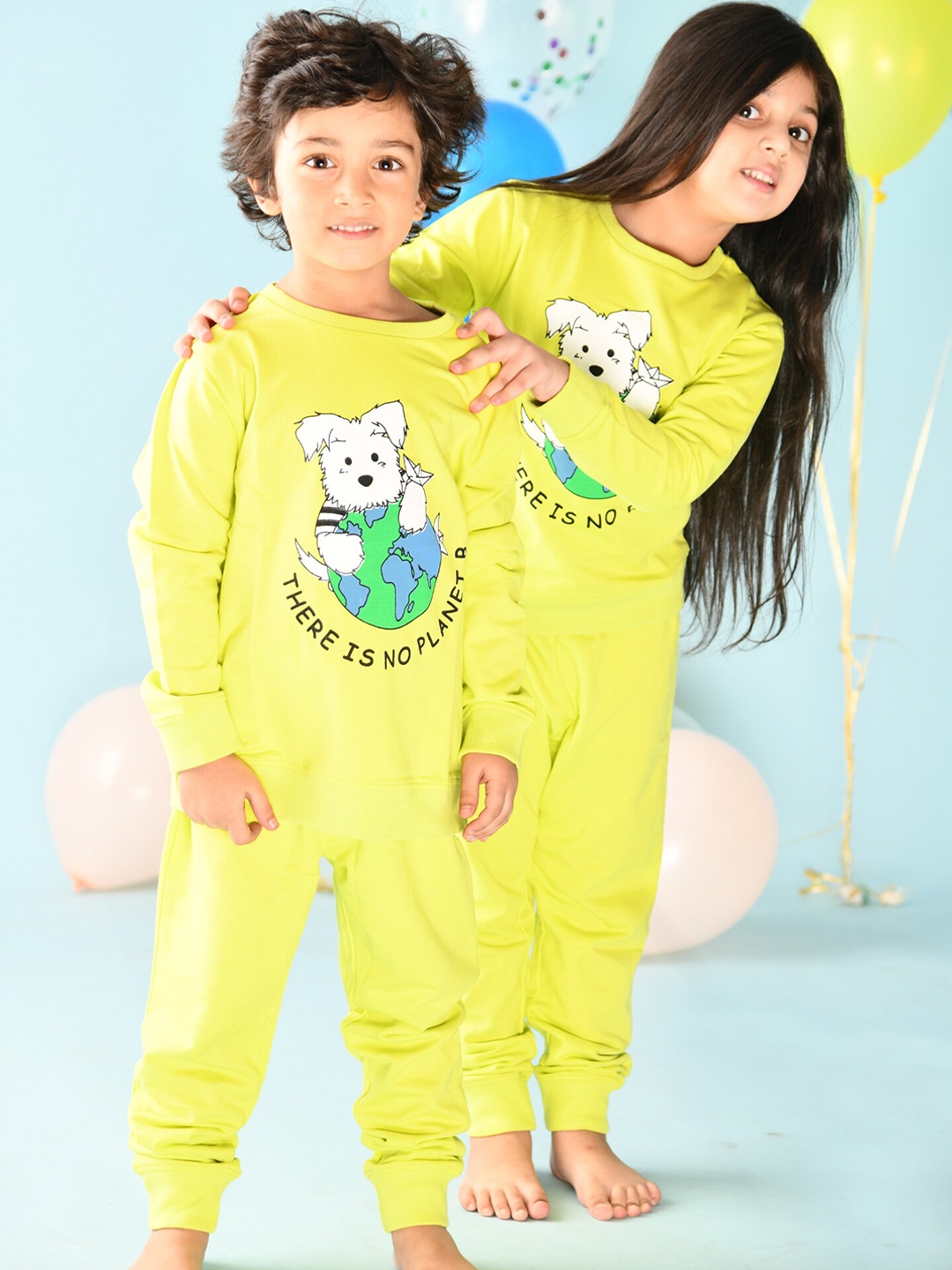 

Anthrilo Girls Lime Green Planet B Printed Pure Cotton Sweatshirt With Joggers