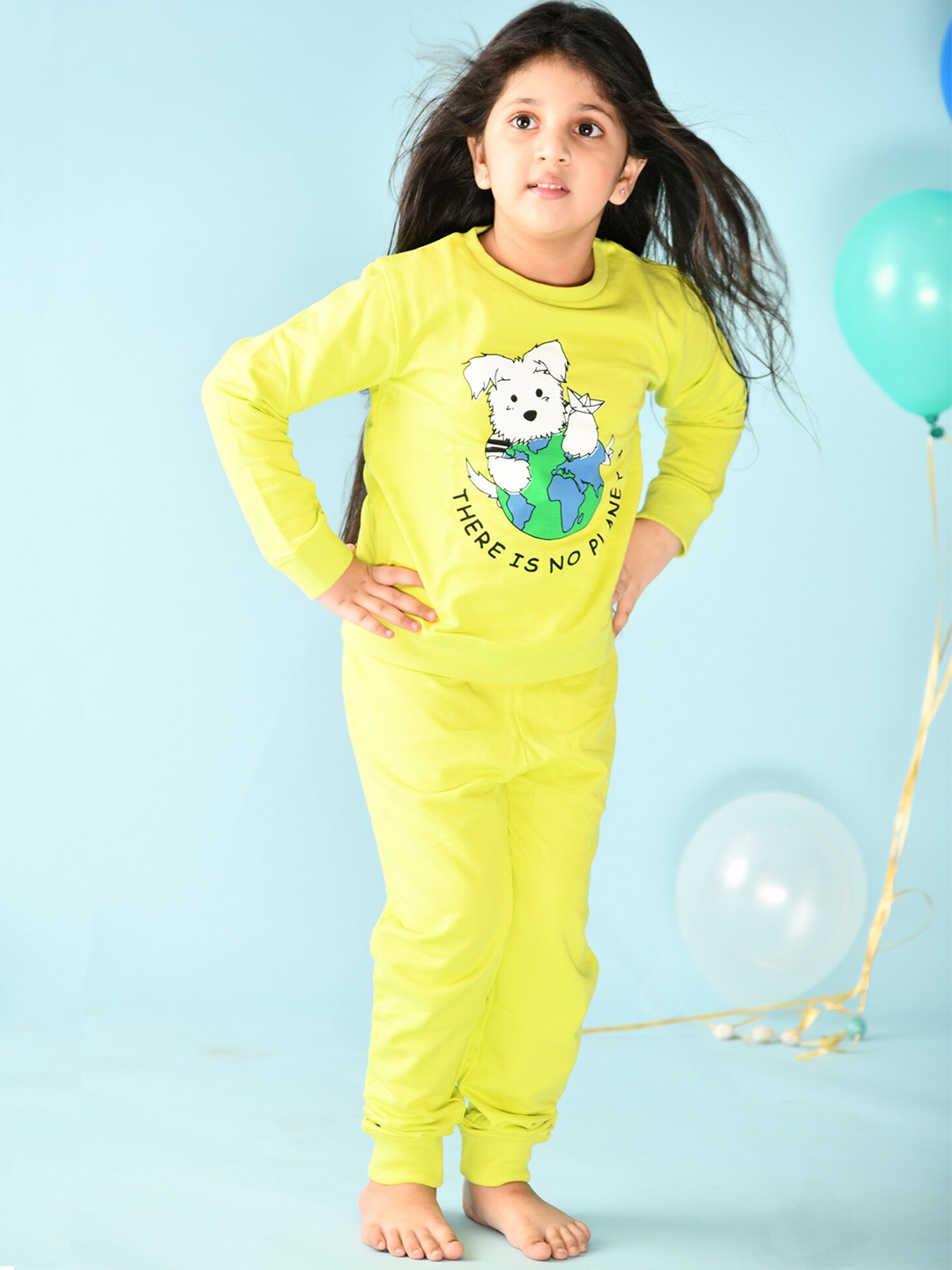 

Anthrilo Girls Lime Green Printed Fleece Sweatshirt with Joggers