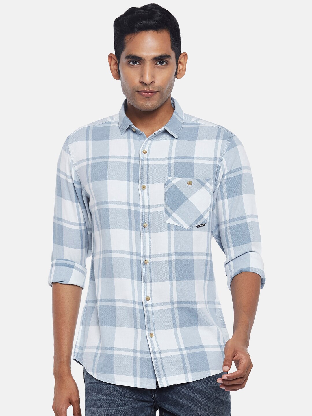 

SF JEANS by Pantaloons Men Blue and White Slim Fit Checked Casual Shirt