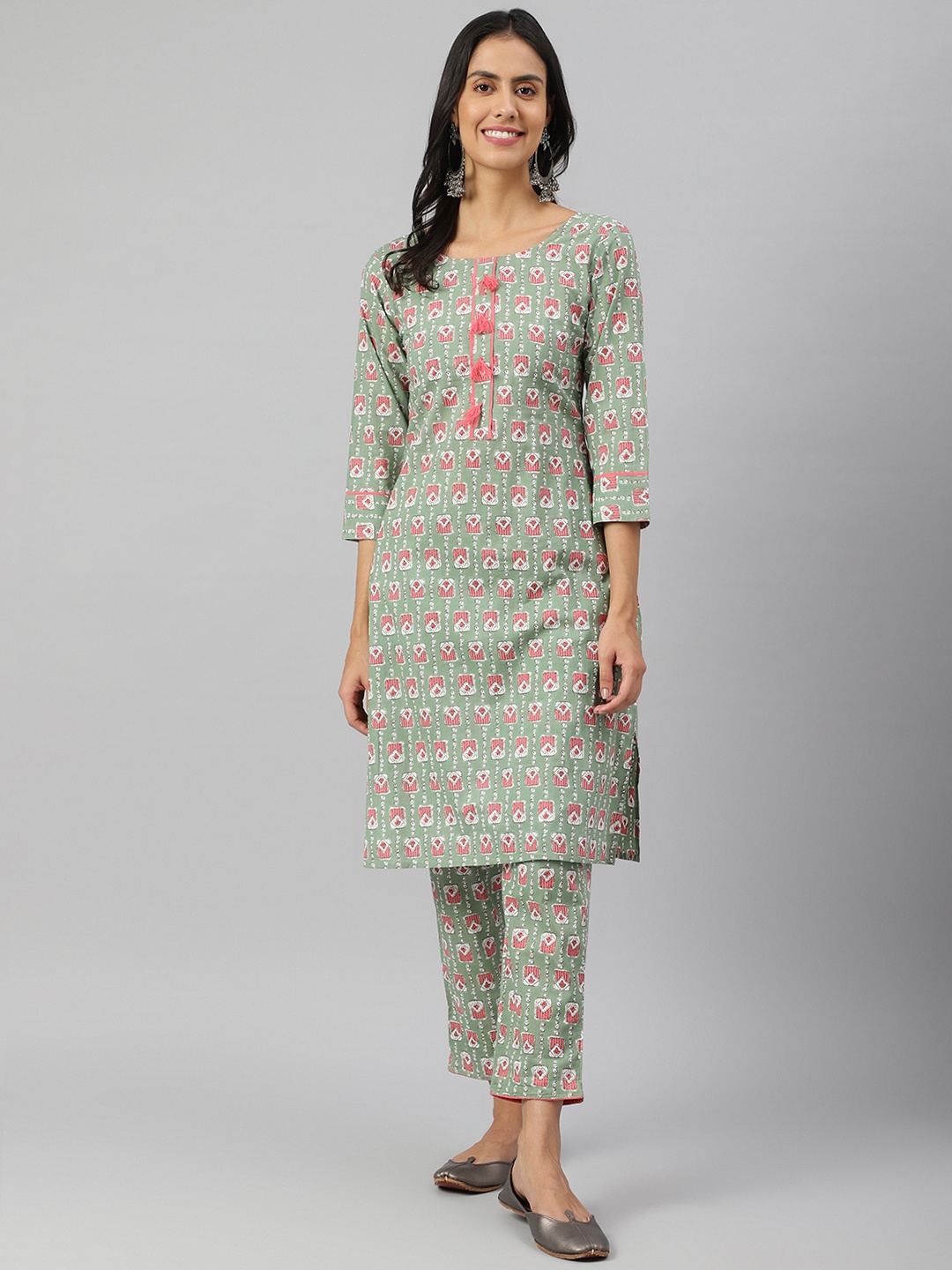 

METRO-FASHION Women Green Floral Printed Pure Cotton Kurta with Trousers