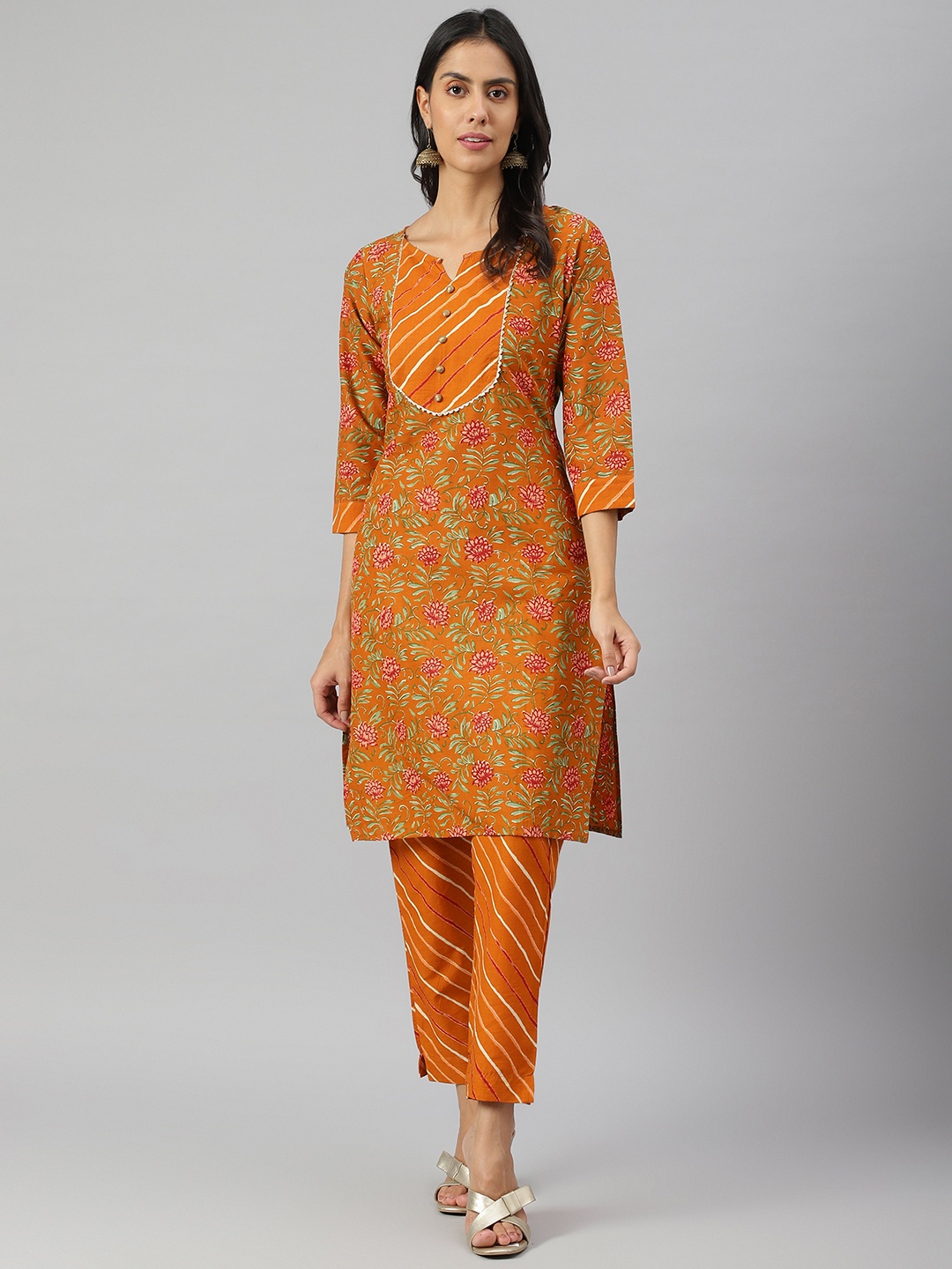 

METRO-FASHION Women Brown Embroidered Panelled Pure Cotton Kurti with Trousers