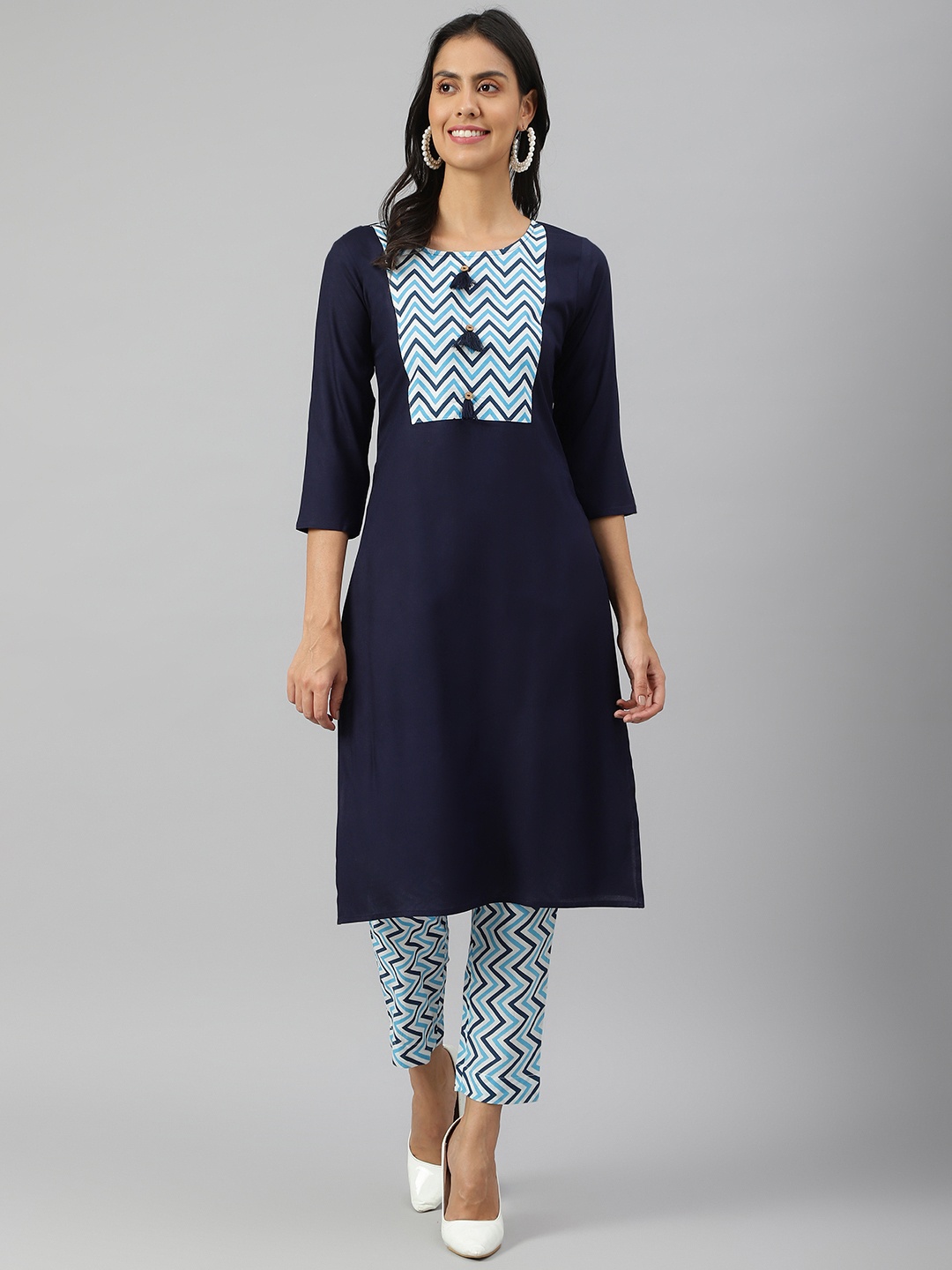 

METRO-FASHION Women Navy Blue Yoke Design Pure Cotton Kurta with Trousers