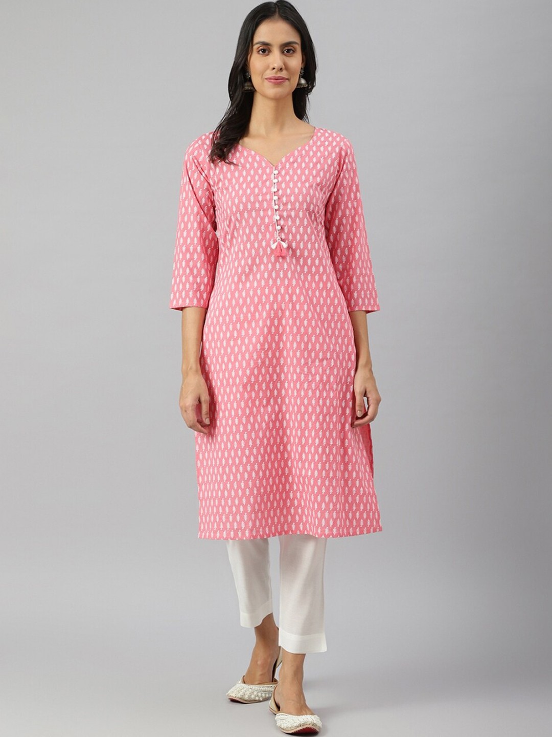 

METRO-FASHION Women Pink Ethnic Motifs Printed Pure Cotton Kurta with Trousers
