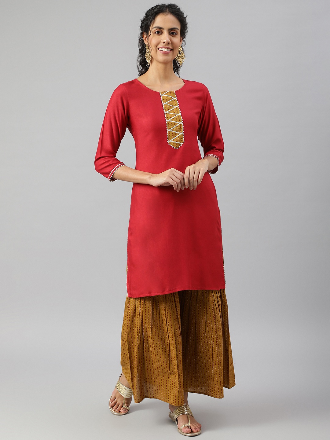 

METRO-FASHION Women Red Gotta Patti Kurta with Sharara