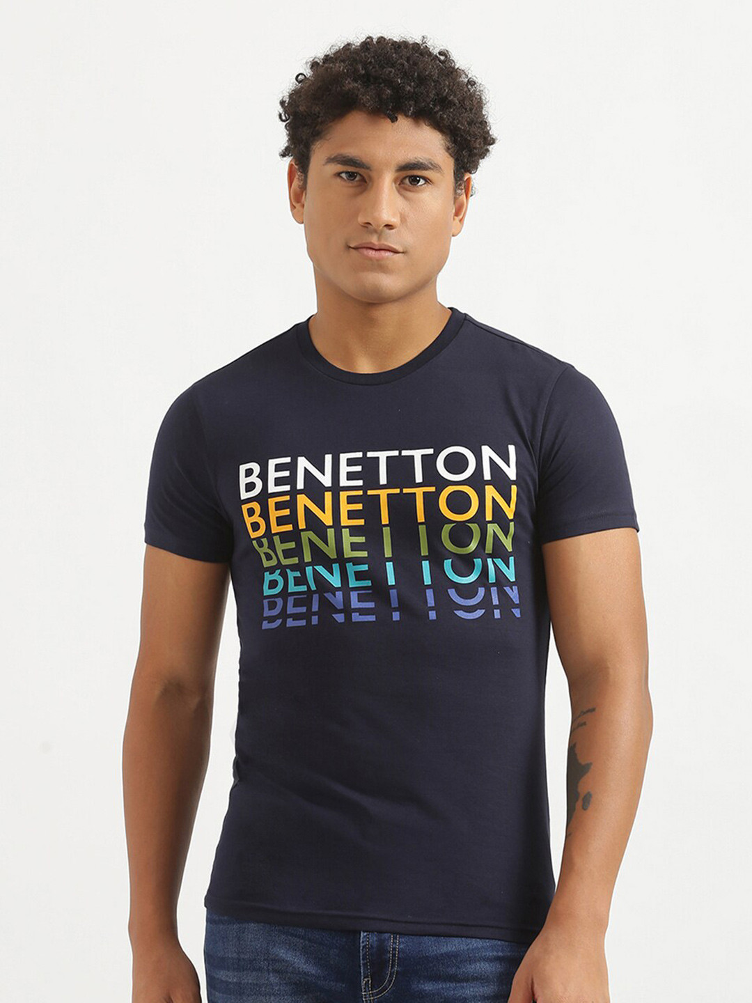 

United Colors of Benetton Men Navy Blue Typography Printed Cotton T-shirt