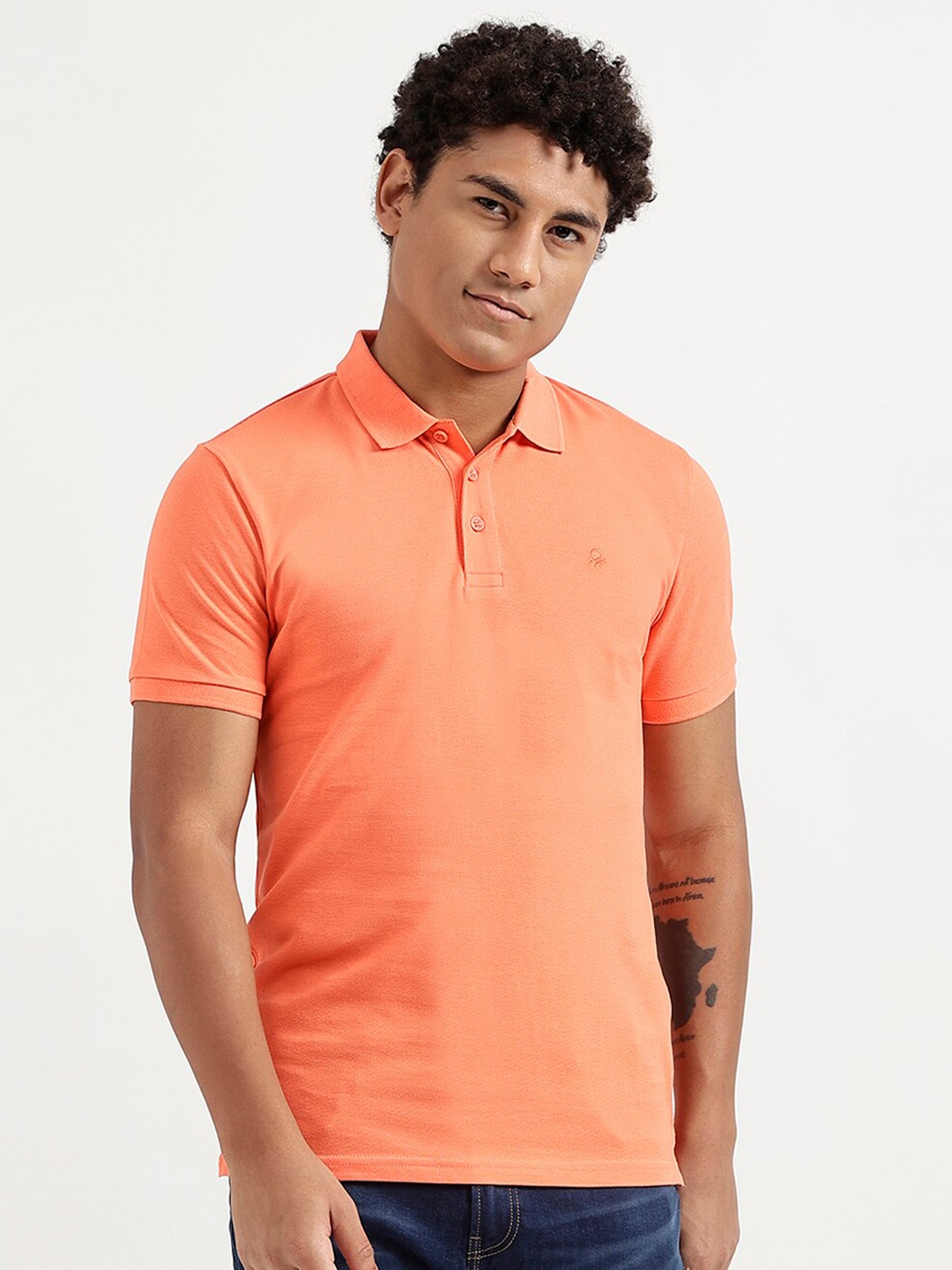 

United Colors of Benetton Men Coral Solid Polo Collar T-shirt