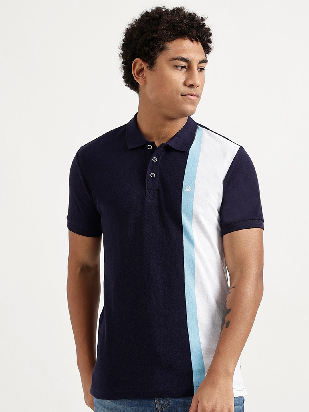 

United Colors of Benetton Men Navy Blue & Black Striped Polo Collar T-shirt