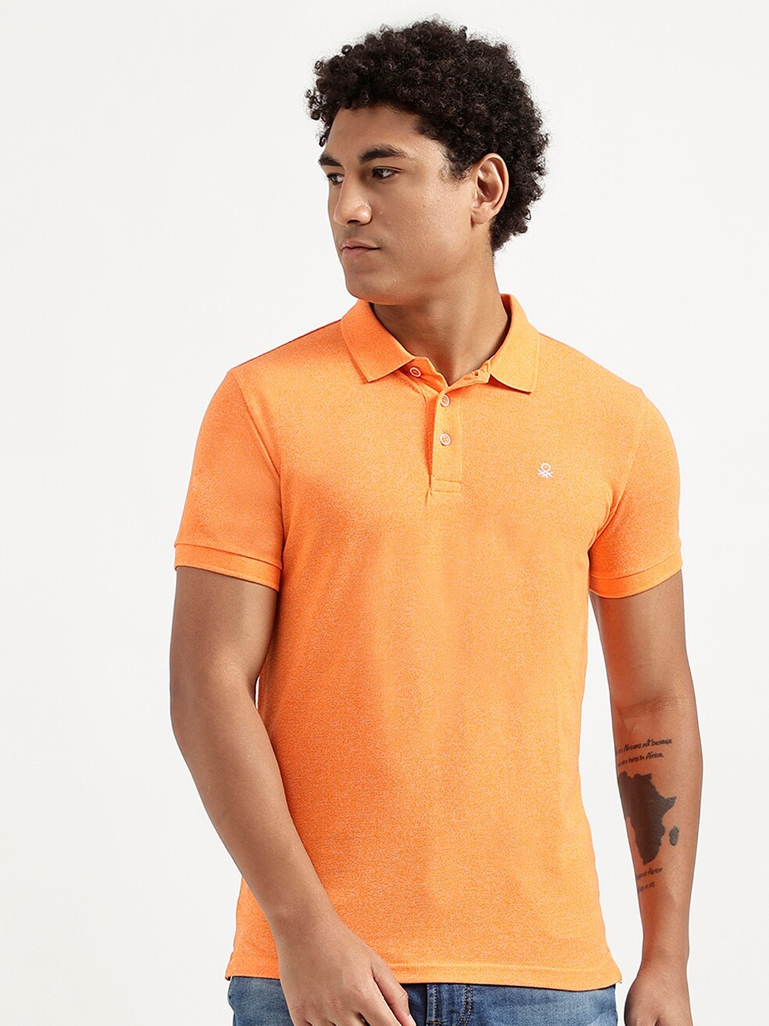 

United Colors of Benetton Men Orange Solid Polo Collar Raw Edge T-shirt