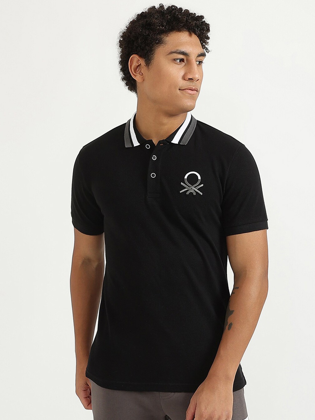 

United Colors of Benetton Men Black Polo Collar T-shirt