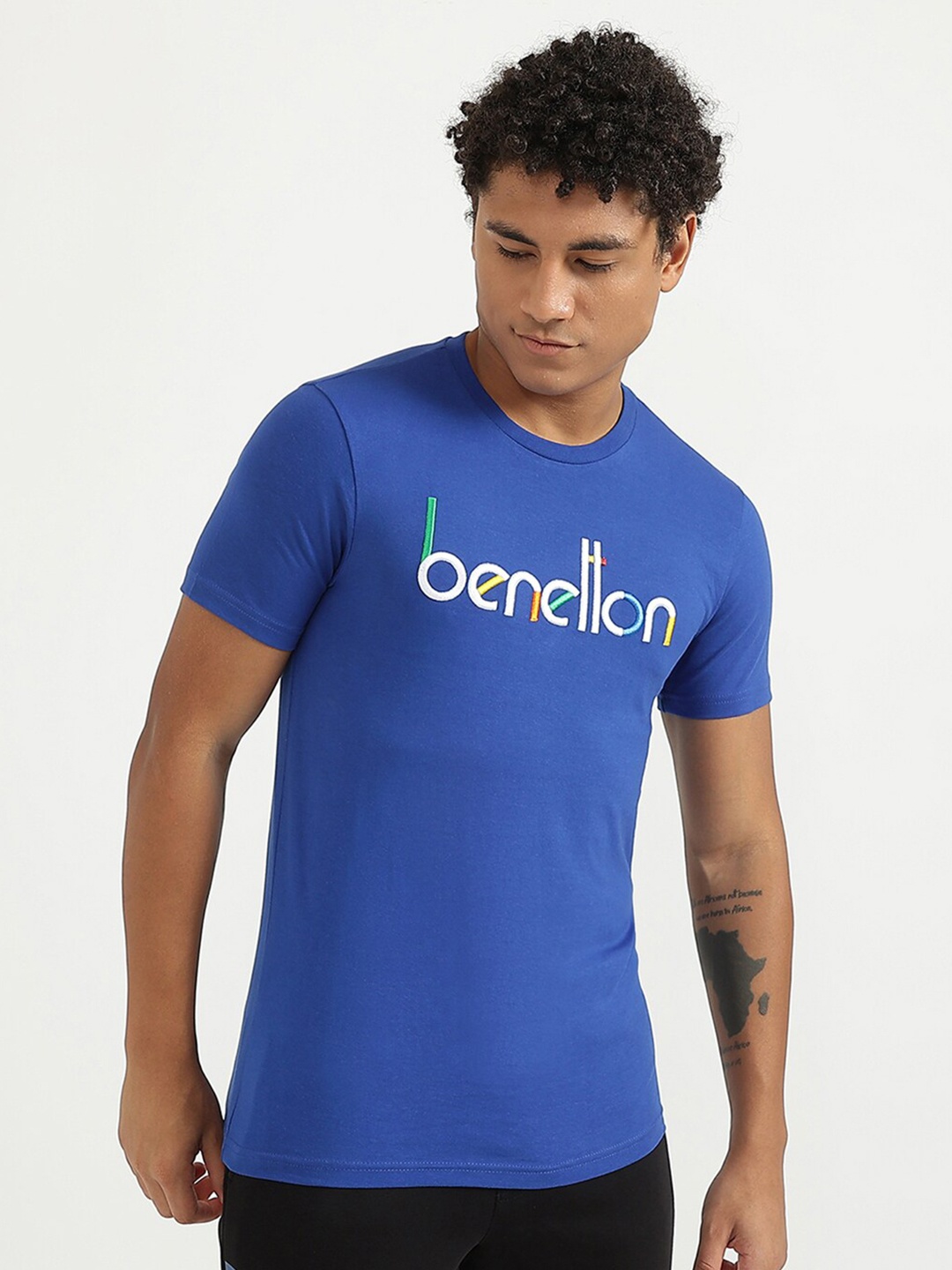 

United Colors of Benetton Men Blue Typography T-shirt