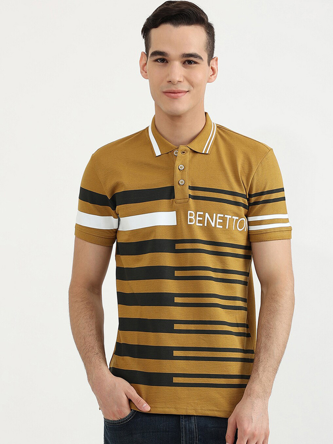 

United Colors of Benetton Men Brown & Black Striped Polo Collar T-shirt