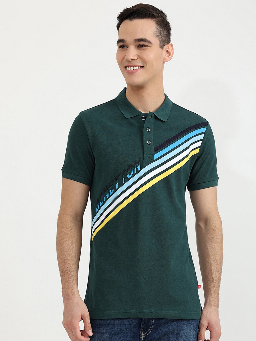 

United Colors of Benetton Men Green Polo Collar T-shirt