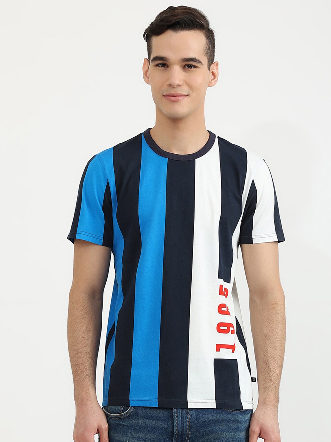 

United Colors of Benetton Men Blue, Black & White Striped T-shirt, Multi