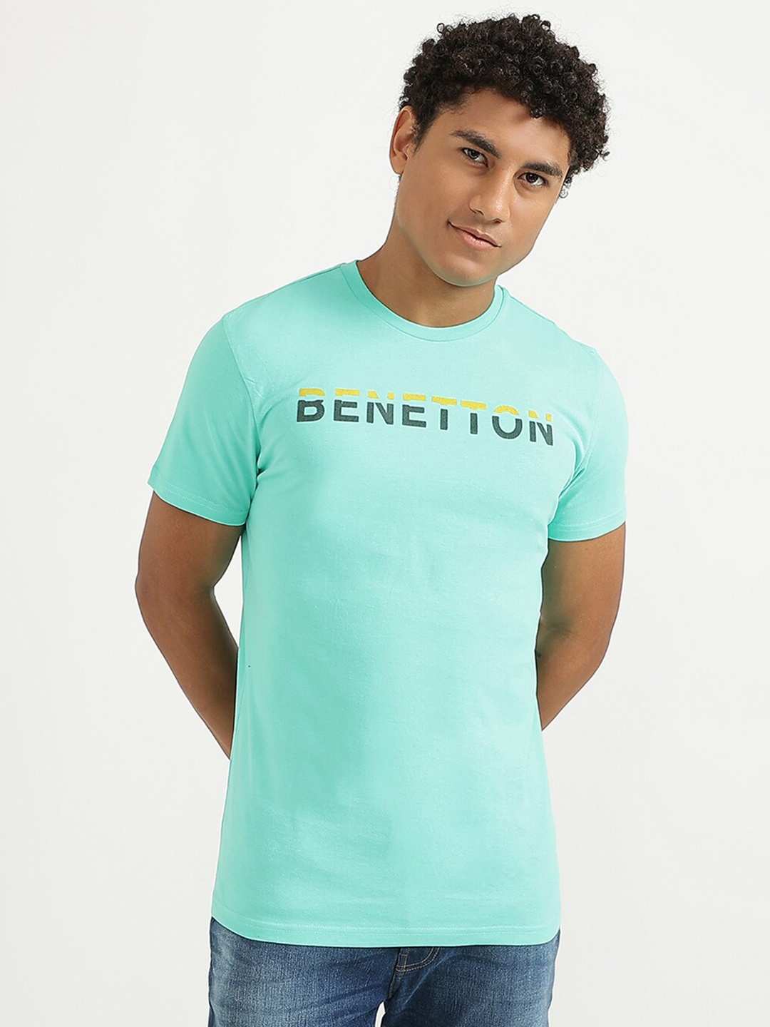 

United Colors of Benetton Men Blue Typography T-shirt