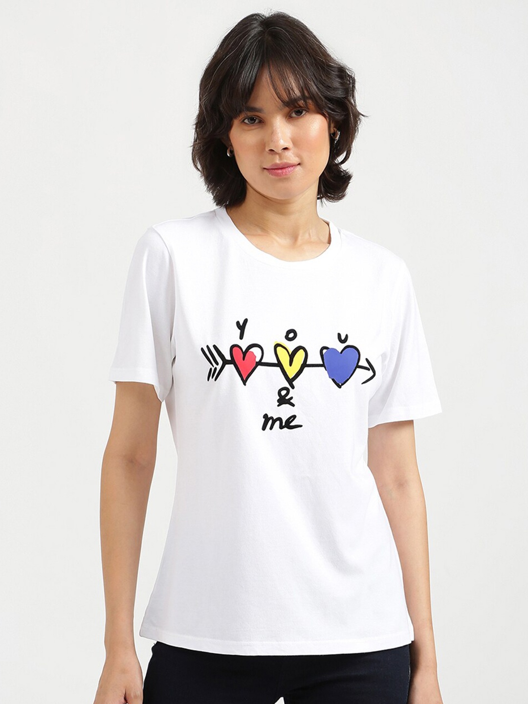 

United Colors of Benetton Women White Printed Applique T-shirt