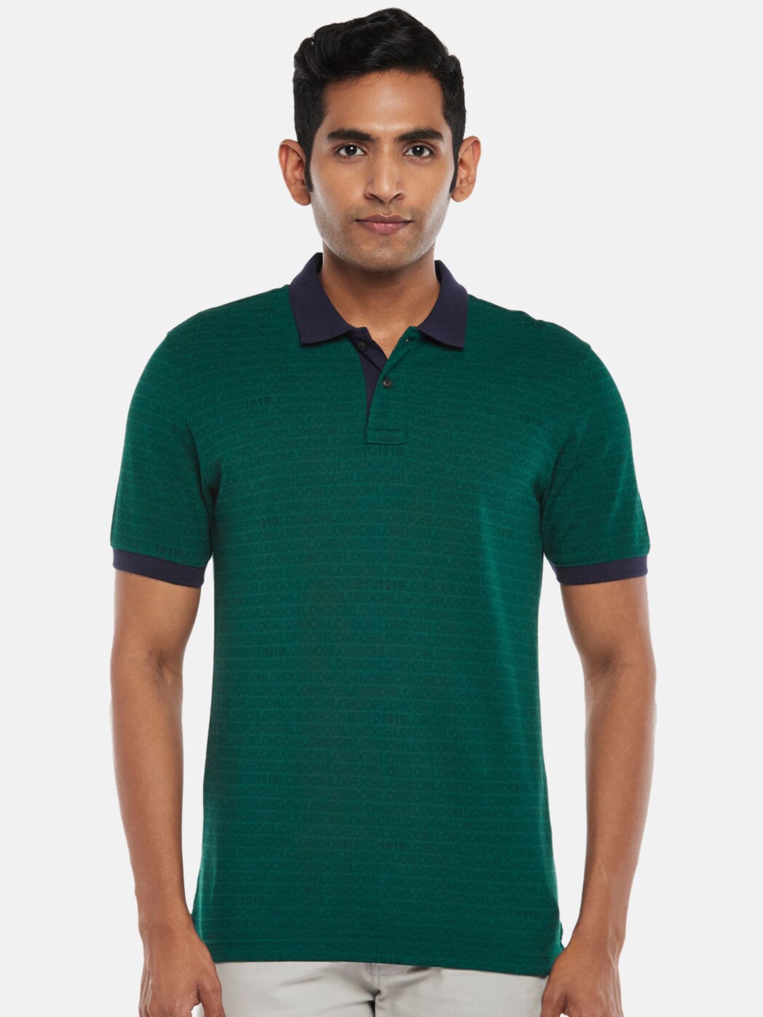 

BYFORD by Pantaloons Men Green Typography Printed Polo Collar Slim Fit T-shirt