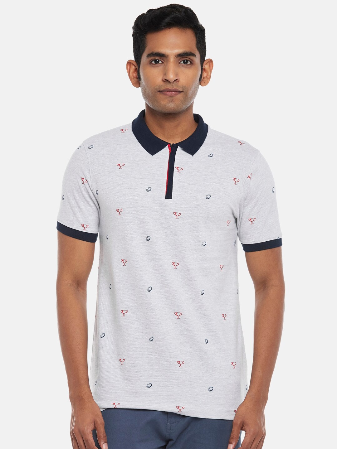 

BYFORD by Pantaloons Men Grey Melange Printed Polo Collar Slim Fit T-shirt