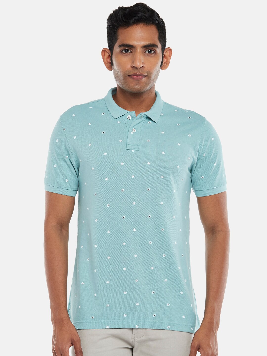 

BYFORD by Pantaloons Men Turquoise Blue Polo Collar Slim Fit T-shirt