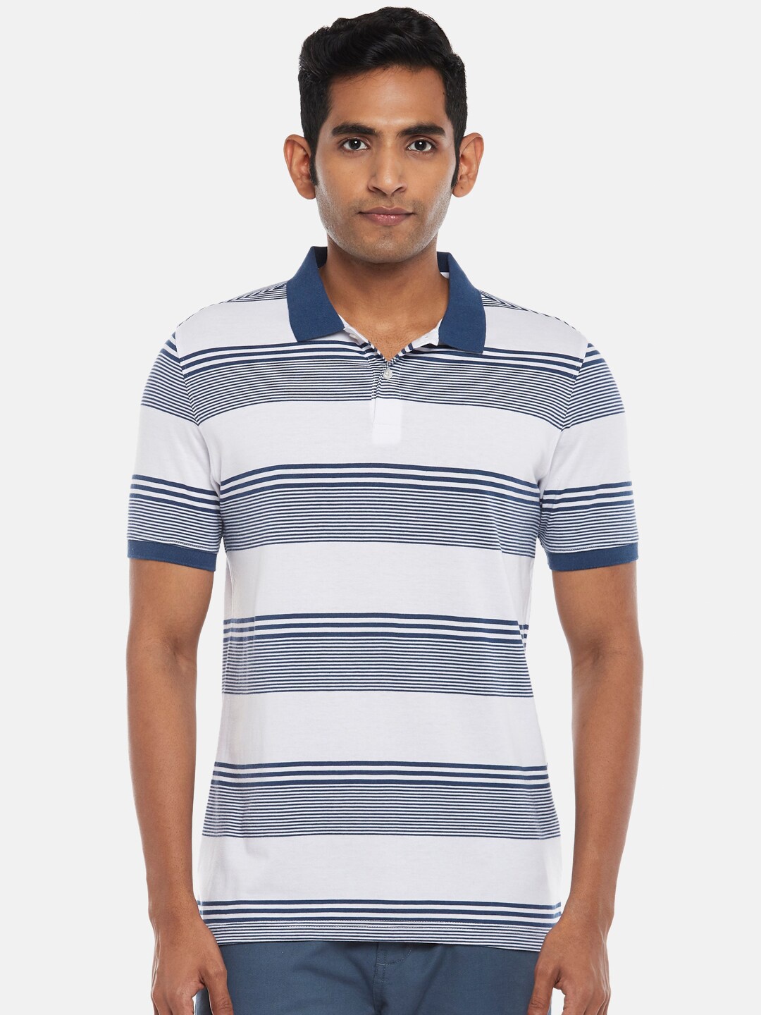 

BYFORD by Pantaloons Men Blue Striped Polo Collar Slim Fit T-shirt