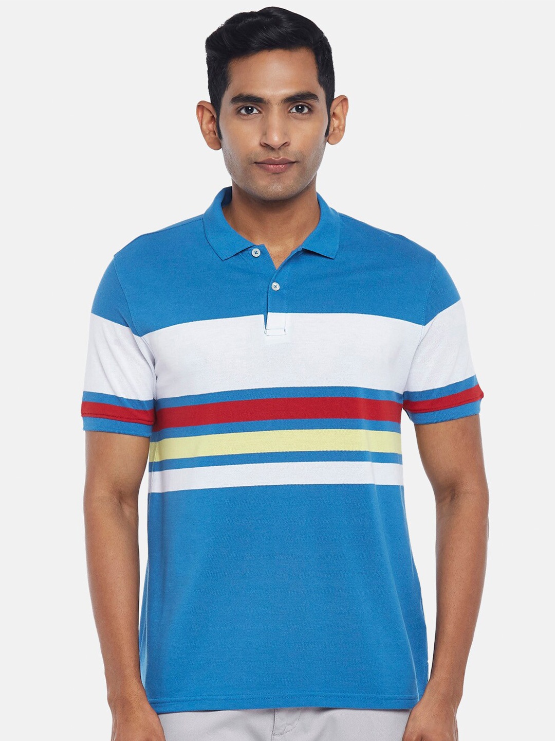 

BYFORD by Pantaloons Men Blue & White Striped Polo Collar Slim Fit T-shirt