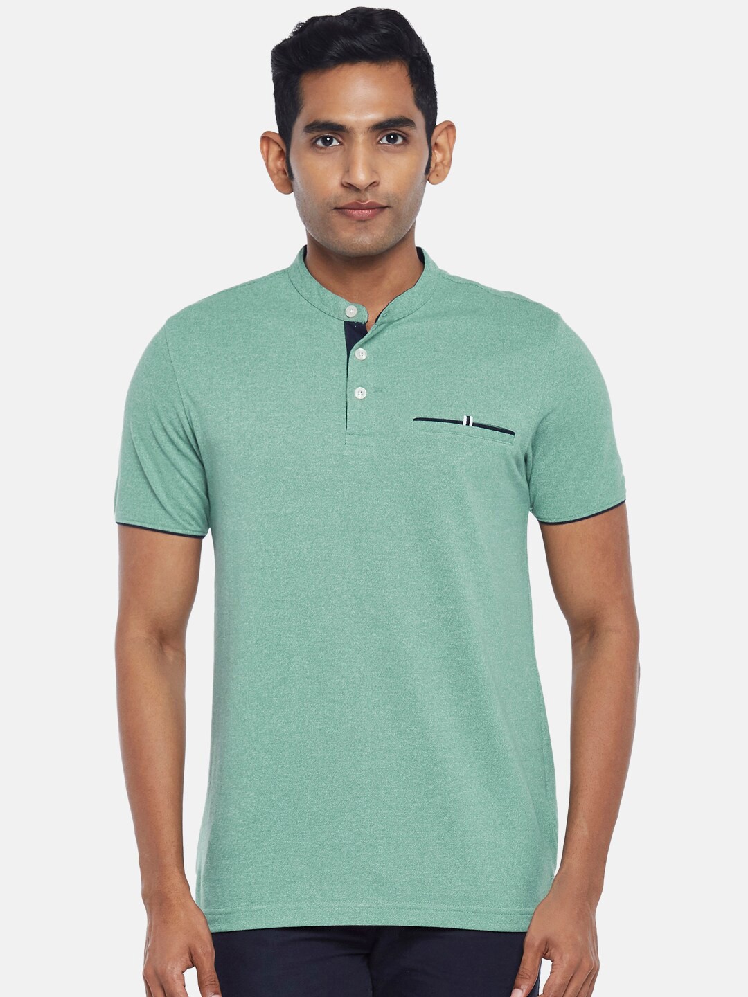 

BYFORD by Pantaloons Men Green Mandarin Collar Slim Fit T-shirt