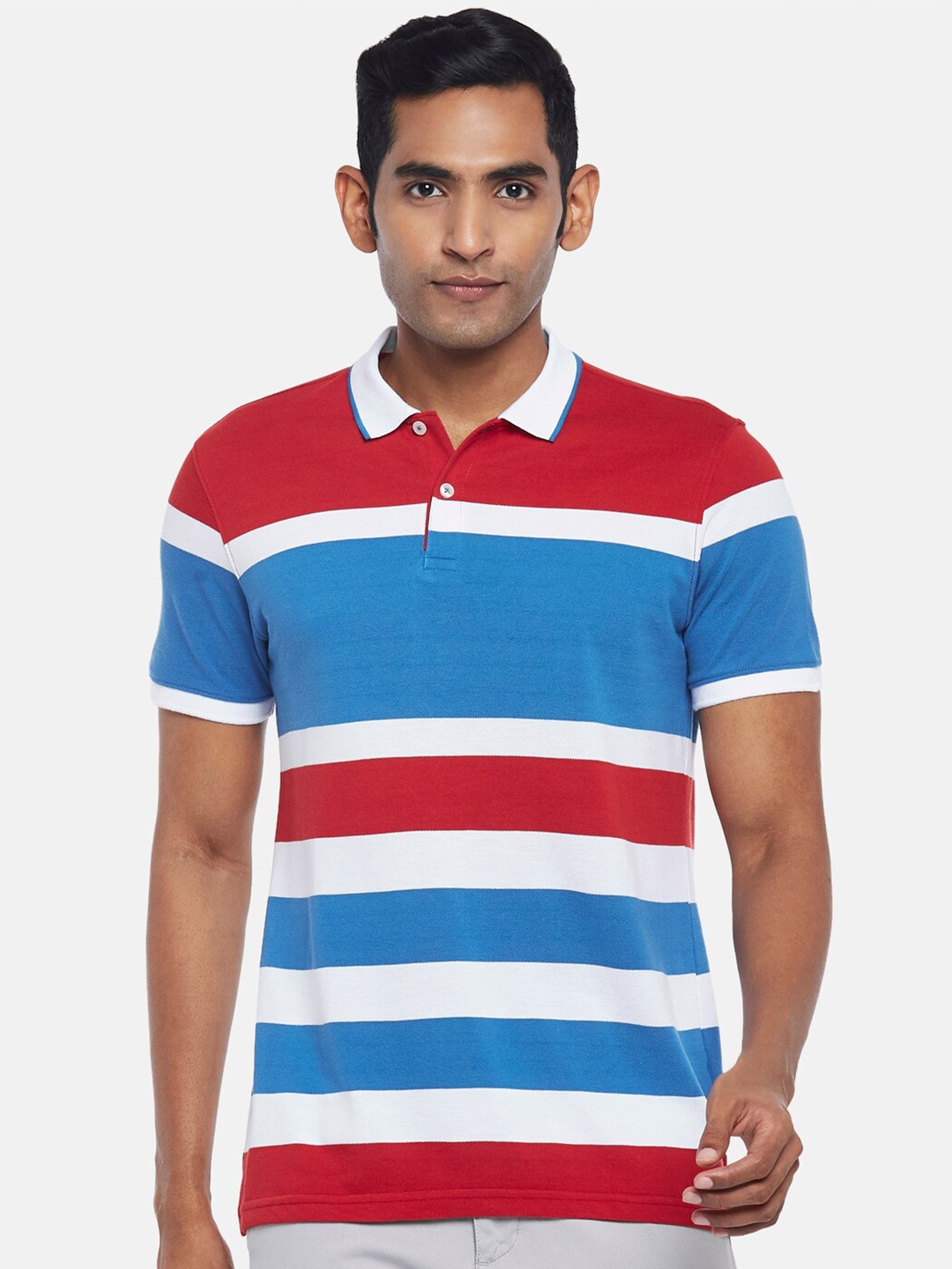 

BYFORD by Pantaloons Men Red & Blue Striped Polo Collar Cotton Slim Fit T-shirt