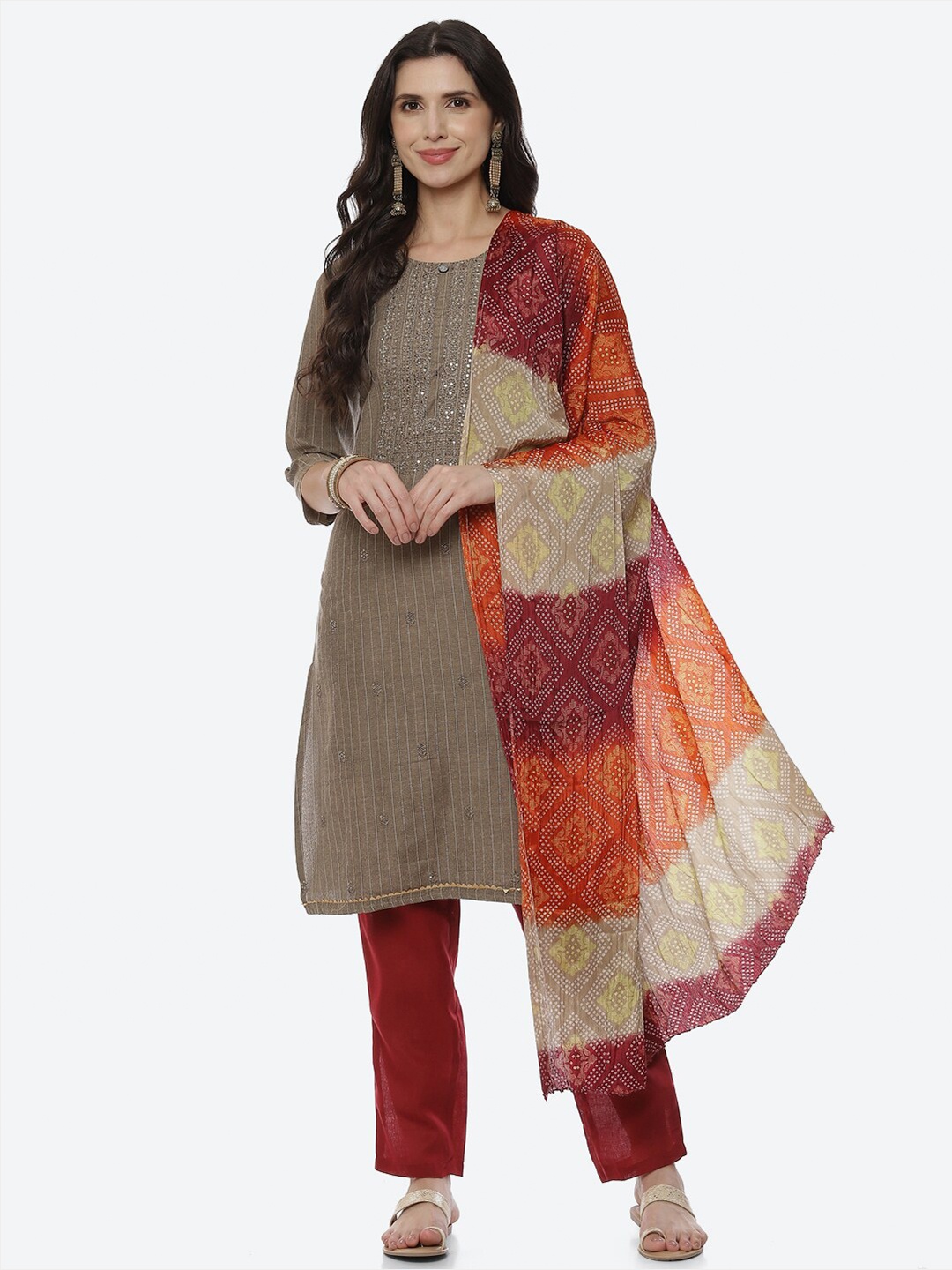 

Biba Women Maroon & Grey Embellished Unstitched Dress Material
