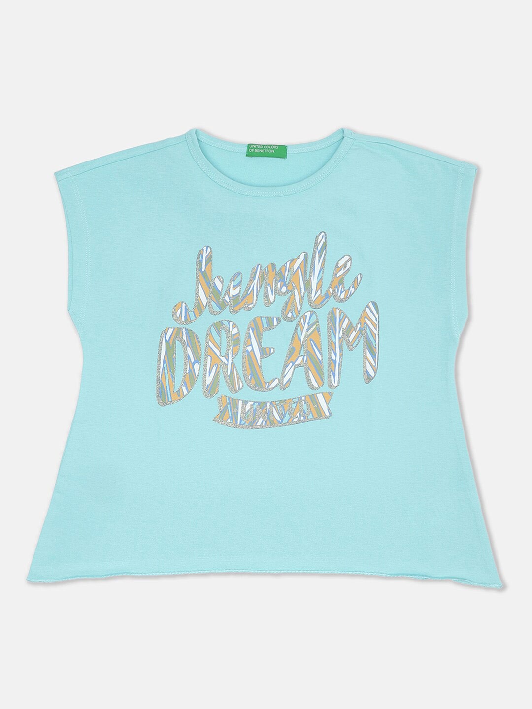 

United Colors of Benetton Girls Blue Typography Printed Raw Edge T-shirt