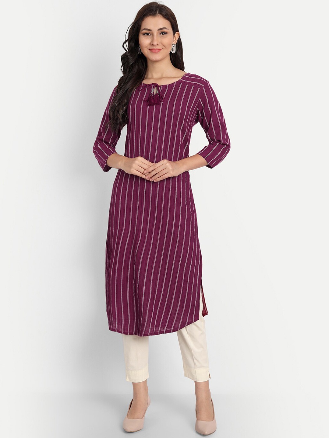 

DITISA FASHION Women Purple Striped Keyhole Neck Thread Work Kurta