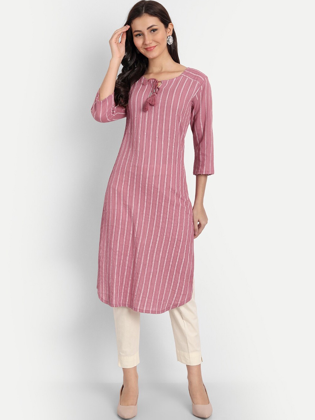 

DITISA FASHION Women Pink Striped Keyhole Neck Thread Work Kurta