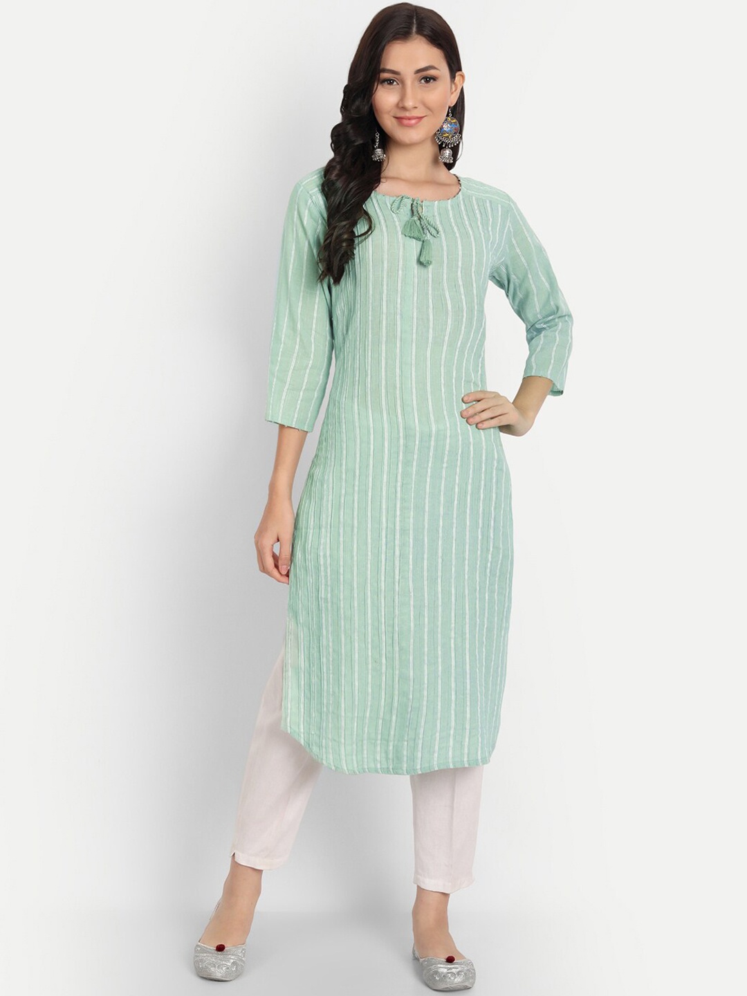 

DITISA FASHION Women Green Striped Keyhole Neck Thread Work Kurta