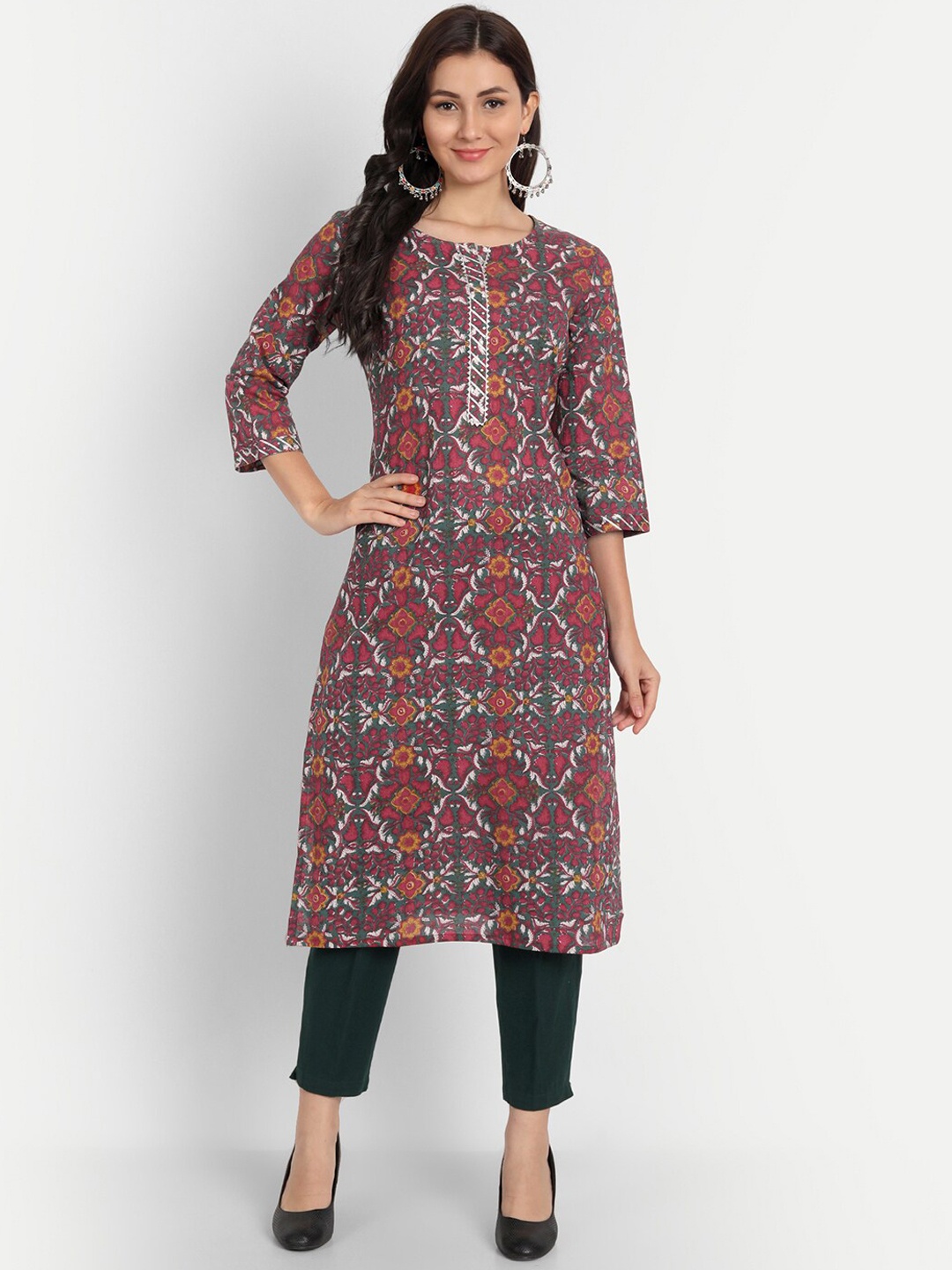 

DITISA FASHION Women Green & Maroon Floral Printed Thread Work Floral Kurta