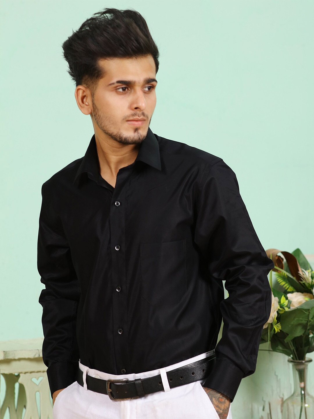 

FRENCH CROWN Men Black Solid Standard Cotton Formal Shirt